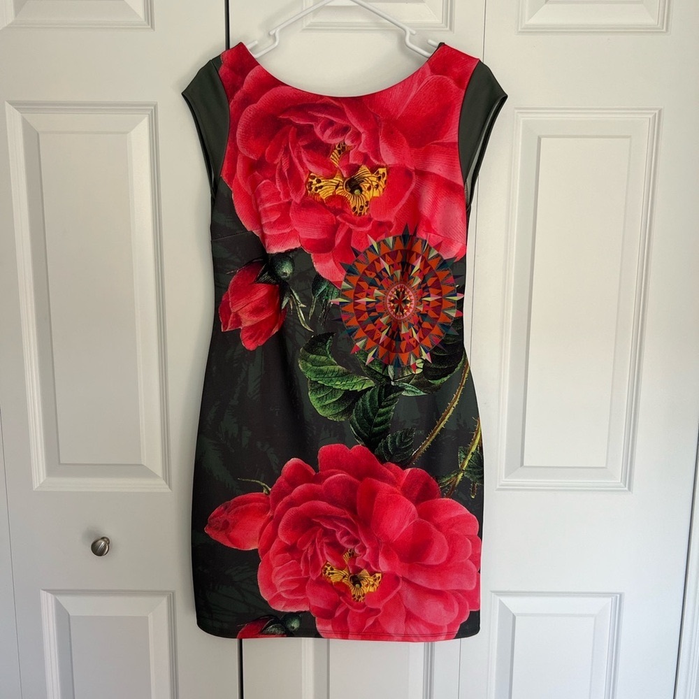 Desigual Womens Size L Dress Floral, Green and Pink, Cap Sleeve, Stretchy.